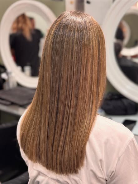 Cabelo castanho liso com brilho, visto de trás